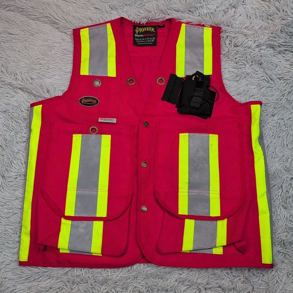 Pioneer Vest Mens M‎ Red Safety Pockets Snap Up Workwear Scotchlite Reflective